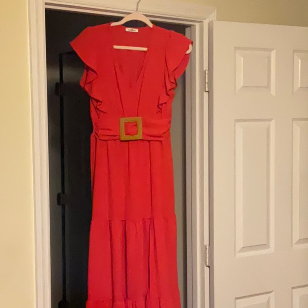 Red Maxi Sundress with Flutter Sleeves and V-Neck